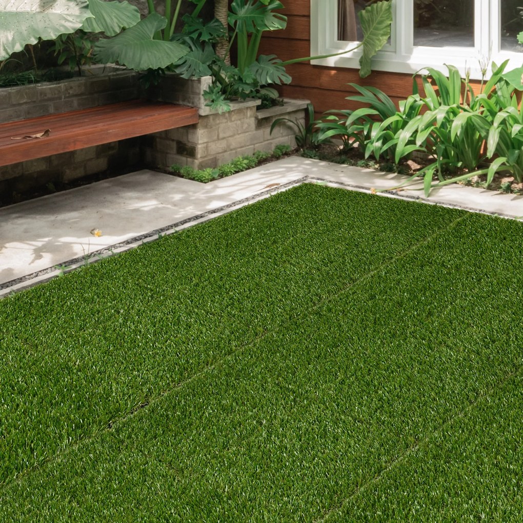 Outsunny Gazon Sintetic 10 Piese Covoraș Gazon Artificial 30x30 cm cu Înălțimea Firului de Iarbă 20 mm și Anti-UV Verde Închis | Aosom Romania