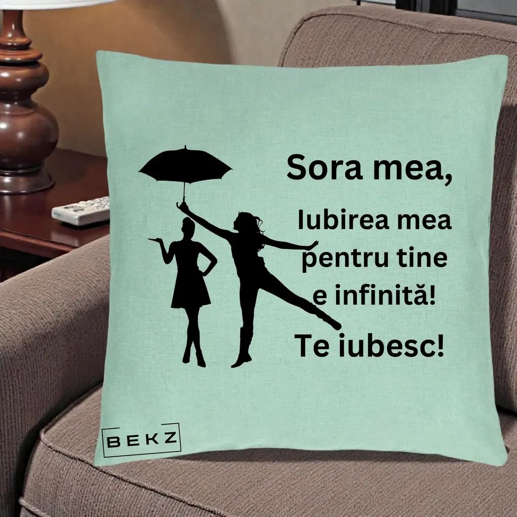 Cadou pentru Sora - Perna Personalizata Sora Mea Te Iubesc Siluete Negre cu Umbrela, 40x40 cm, Verde Menta, Husa Detasabila, Perna Inclusa, BEKZ®