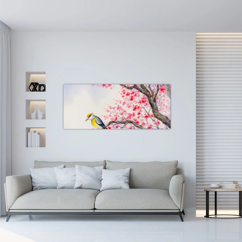 Tablou - Pasăre pe un copac cu flori roșii (120x50 cm)