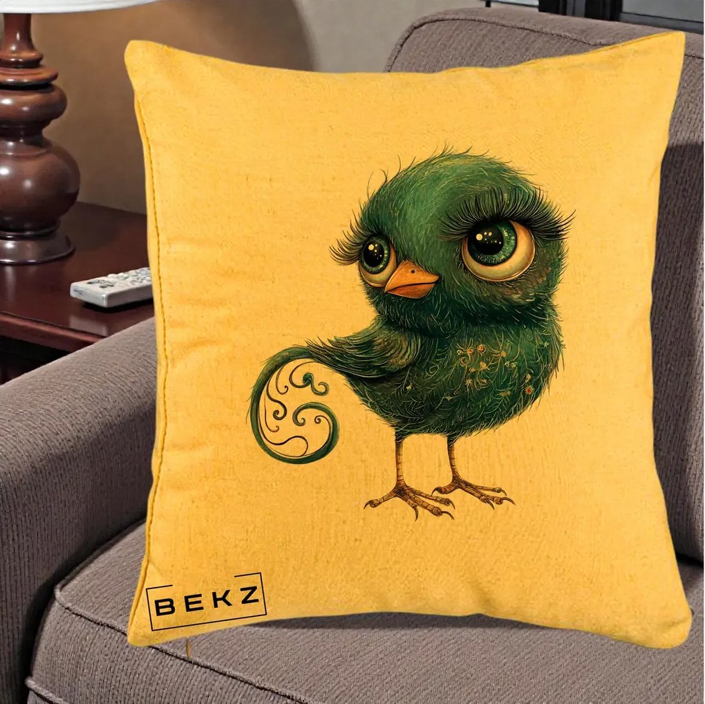 Perna Decorativa Pasare Teal cu Motive Aurii si Coada Spiralata, 40x40 cm, Galben, Husa Detasabila, Perna Inclusa, BEKZ®