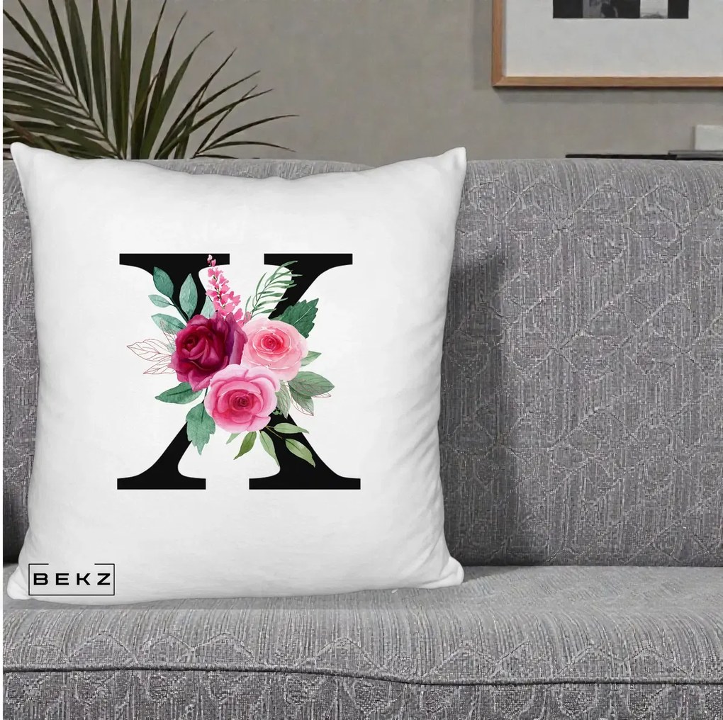 Cadou Personalizat - Perna Personalizata Monograma Florala Litera X cu Buchet, 40x40 cm, Alb Pufos, Husa Detasabila, Perna Inclusa, BEKZ®