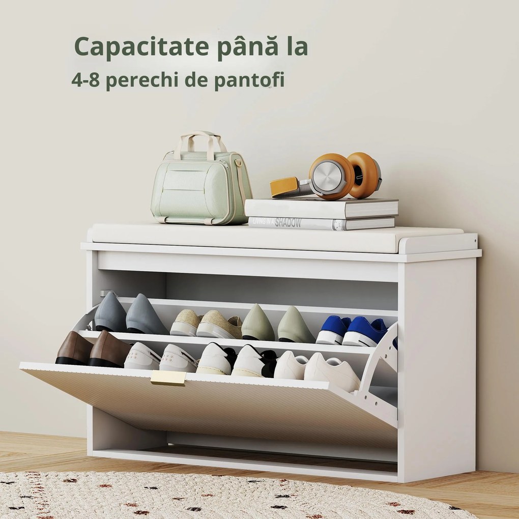 HOMCOM Bancă pentru Pantofi cu Raft Interior Reglabil și Detașabil, 80x26x47.5 cm, Alb și Bej | Aosom Romania