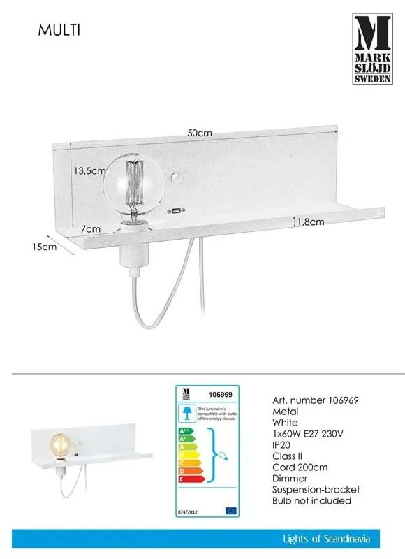 Aplică perete cu stație de încărcare USB Markslöjd Multi, alb
