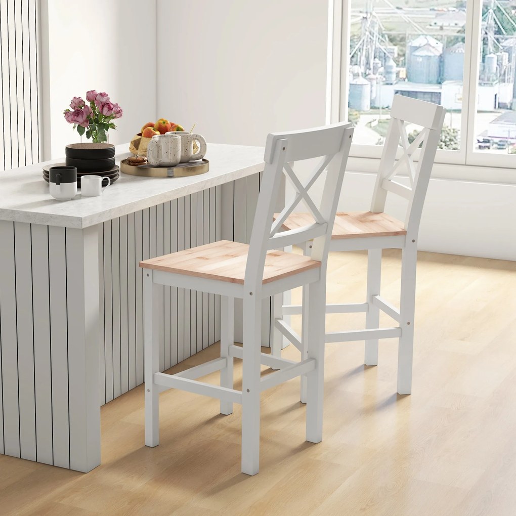 HOMCOM Set de 2 taburete de bar, scaune înalte stil rustic, spătar înalt și suport pentru picioare, 41x46x97,5cm, alb și lemn natural | Aosom Romania