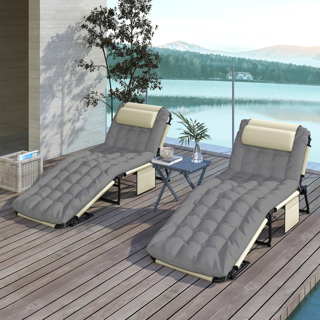 Outsunny Set de 2 șezlonguri pliabile cu spătar reglabil în 4 poziții - suport pentru cap și saltea groasă crem | Aosom Romania