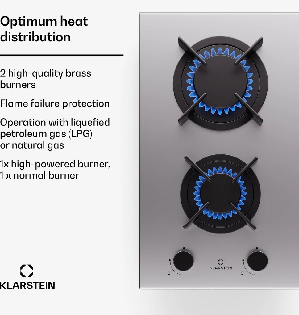 Klarstein Goldflame, plită cu gaz, 2 arzătoare din alamă, oțel inoxidabil