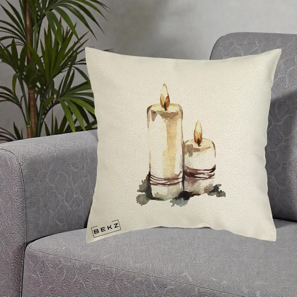 Perna Decorativa Lumanari Acuarela Iarna, 40x40 cm, Ecru, Husa Detasabila, Perna Inclusa, BEKZ®