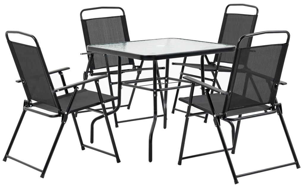 Outsunny Set Mobilier de Grădină 5 Piese, 4 Scaune Pliabile și Masă cu Orificiu pentru Umbrelă, Design Elegant, Negru | Aosom Romania