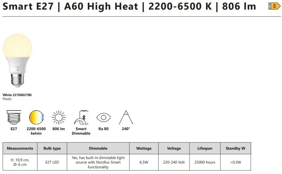 Bec pentru exterior Smart E27 A60 6,5W 2200-6500K 806Lm White