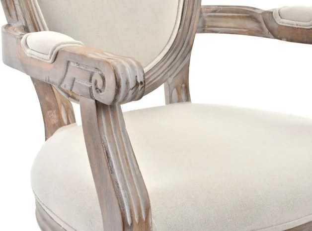 Scaun cu brațe dining din lemn sculptat tapițat cu stofă bej, 56×48×96 cm, „Elysée"