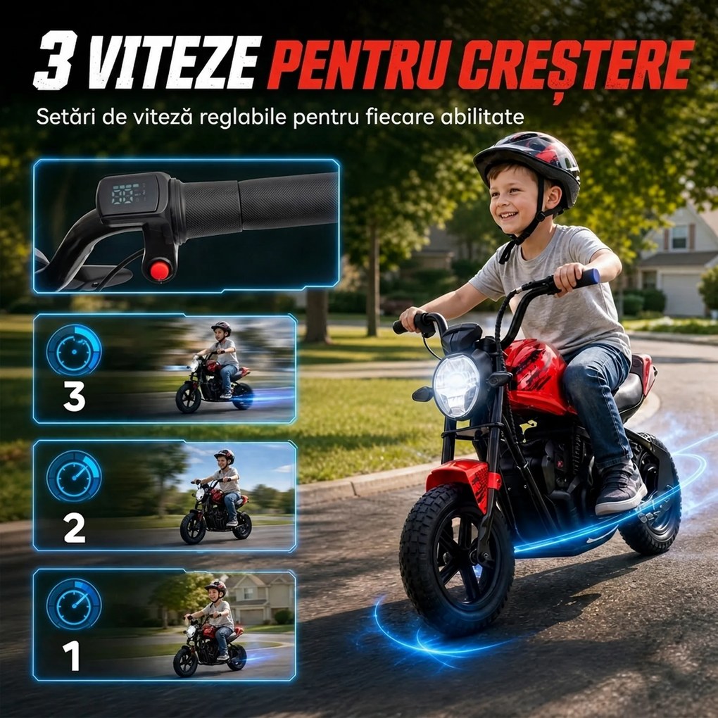 AIYAPLAY Motocicletă electrică de cross pentru copii, stil Harley, 24V, 6-12 ani, anvelope din cauciuc 30 cm, roșie | Aosom Romania