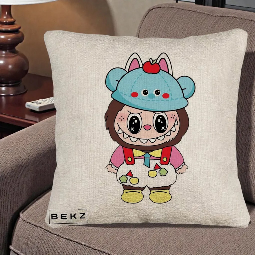 Perna Personalizata Labubu x Urs Albastru Colorat, 40x40 cm, Bej Canapea, Husa Detasabila, Perna Inclusa, BEKZ®