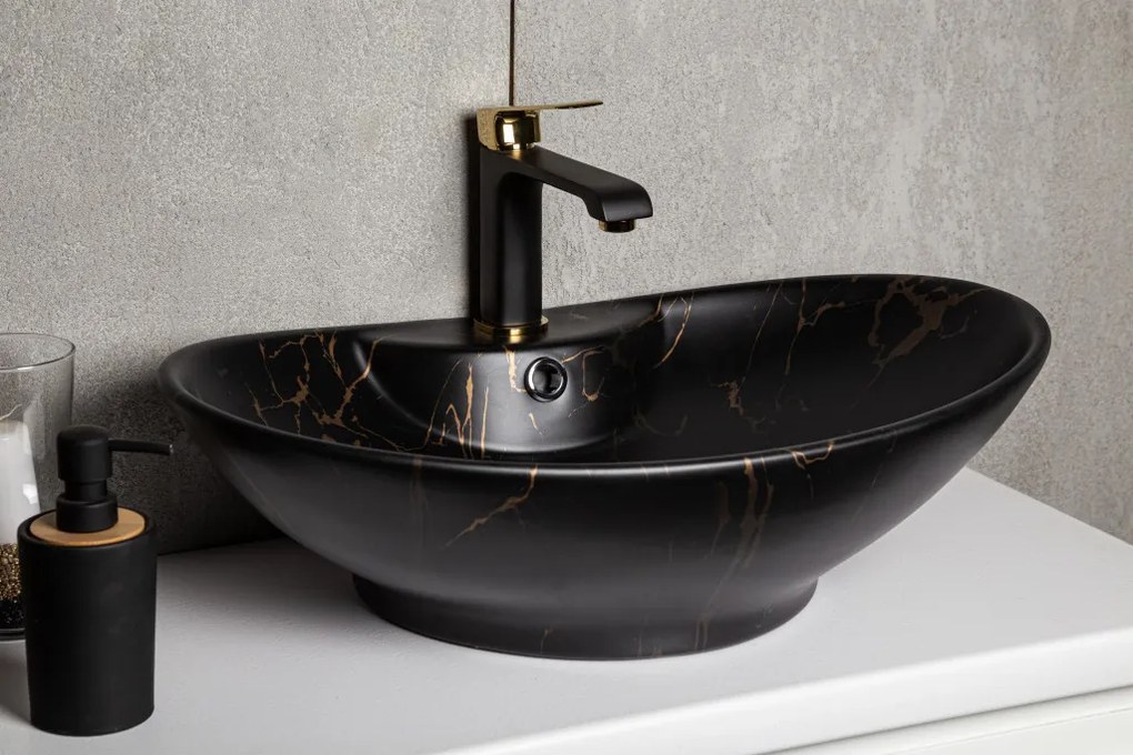 Lavoar ceramic KR-139 cu model de marmură neagră și aurie