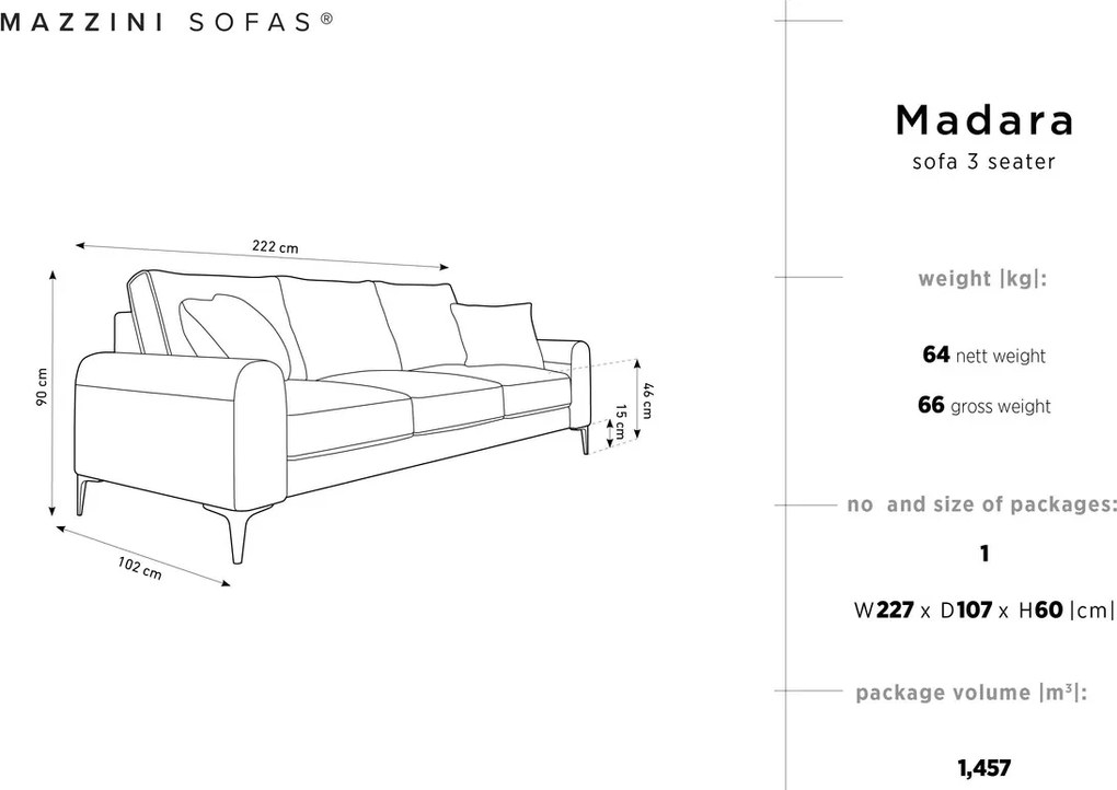 Canapea, Madara, Mazzini Sofas, 3 locuri, gold legs, 222x102x90 cm, catifea, verde bottle