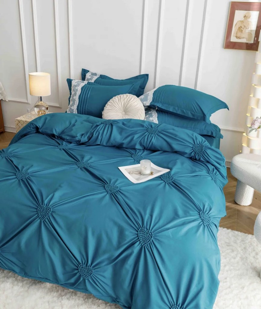 Lenjerie pat dublu, Inimi Brodate, 6 Piese, Finet Premium - Turcoaz
