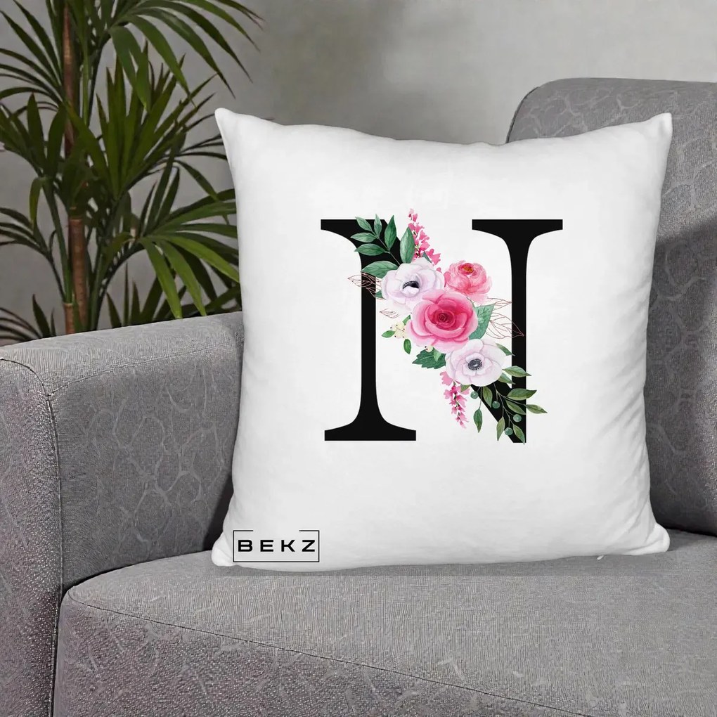 Cadou Personalizat - Perna Personalizata Monograma Florala Litera N, 40x40 cm, Alb Pufos, Husa Detasabila, Perna Inclusa, BEKZ®