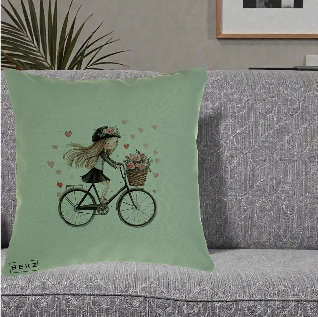 Perna Decorativa Fetita Kawaii pe Bicicleta cu Trandafiri si Inimioare, 40x40 cm, Verde, Husa Detasabila, Perna Inclusa, BEKZ®