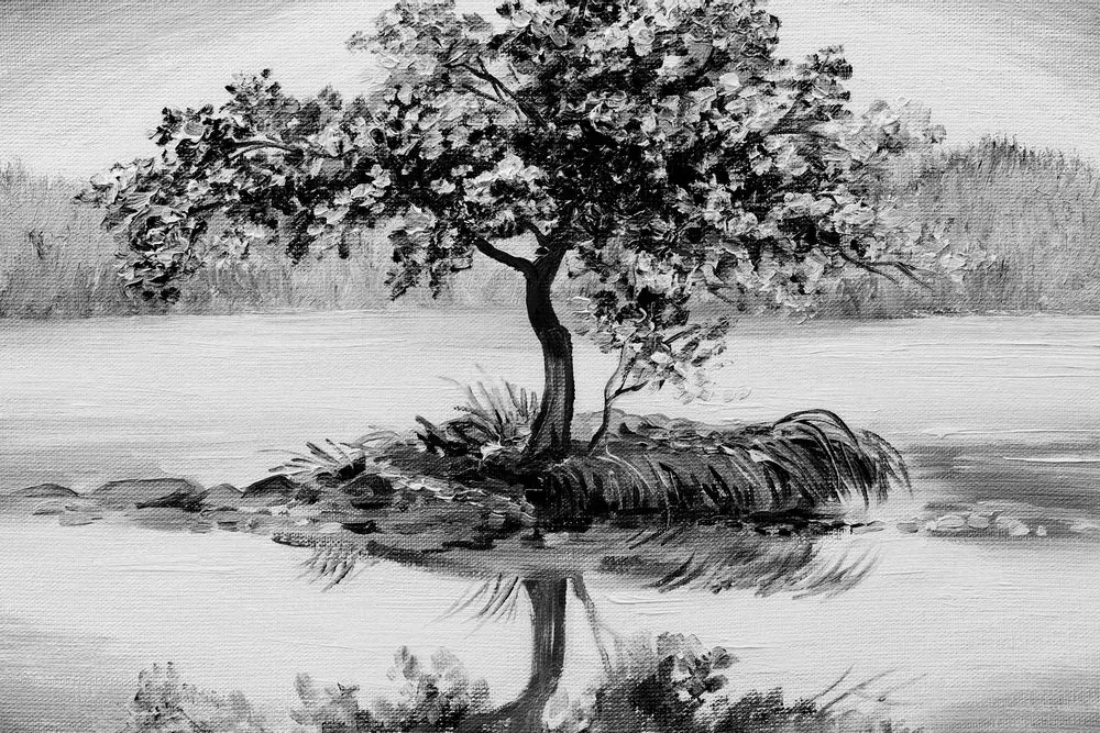 Tablou cireș oriental în design alb-negru