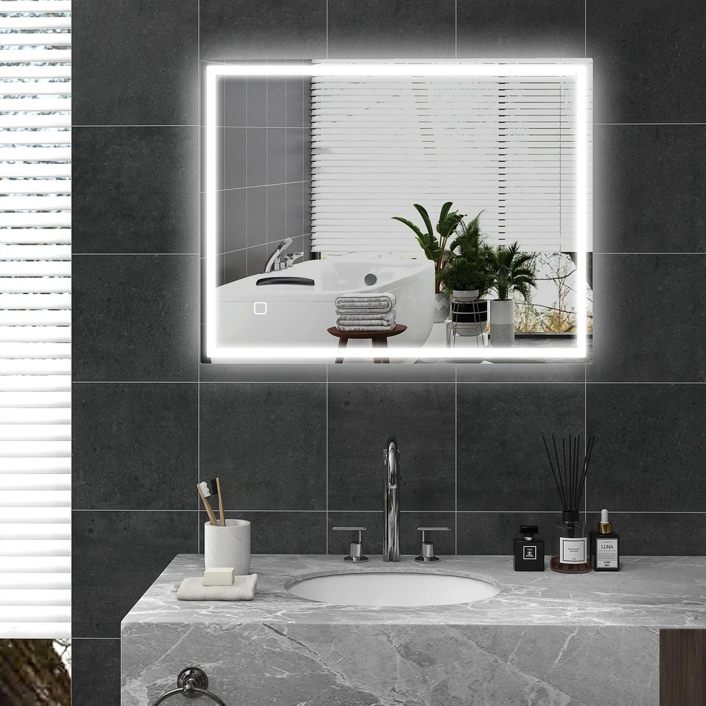HOMCOM Oglinda de baie cu iluminare 90x70 cm LED Spiegel Wandspiegel cu functie de memorie 3 culori Argintiu | Aosom Romania