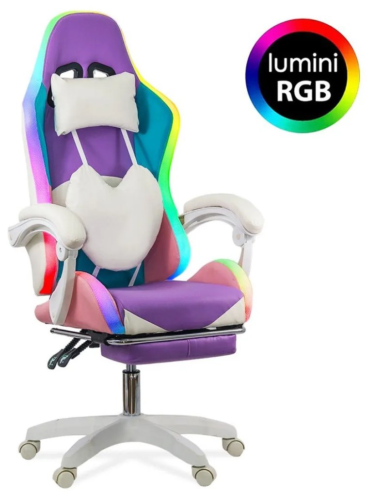 SCAUN GAMING DE BIROU PENTRU FETE CU LUMINI RGB SI SUPORT PICIOARE AZAY INTERIORS 298 MOV CU ROZ