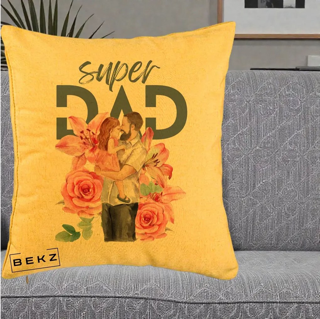 Cadou pentru Tata - Perna Personalizata Super Dad Tata cu Fetita si Flori, 40x40 cm, Galben, Husa Detasabila, Perna Inclusa, BEKZ®