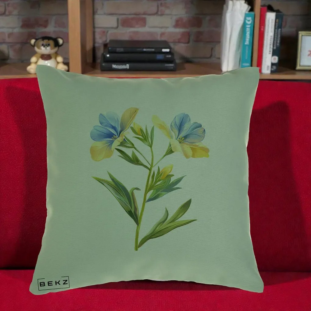 Perna Decorativa Botanica Frezie Galbena si Albastra, 40x40 cm, Verde, Husa Detasabila, Perna Inclusa, BEKZ®