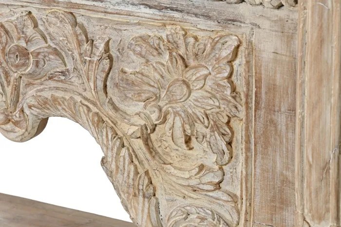 Consolă hol sculptată din lemn, natur, cu raft, friză florală, arcade polilobate și stâlpi sculptați, 91 x 233 x 47 cm, „Imperial”