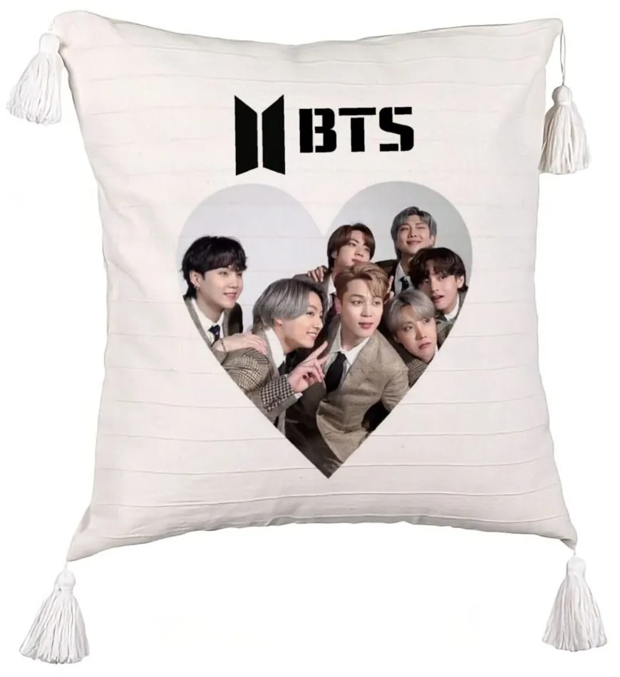 Perna Decorativa cu Franjuri BTS Army 4, 45x45 cm, Ecru, Cu fermoar