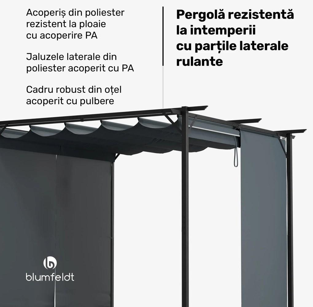 Pantheon Robust Pergola, 3x3 m oțel vopsit electrostatic, rezistent la intemperii, cu jaluzele laterale