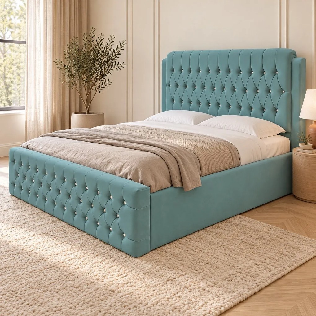 Pat tapițat Chesterfield din catifea Aveline Deluxe 160×200 cm, verde marin, cu ladă de depozitare