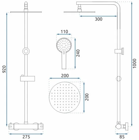 REA-P8804 - Set de duș BLISS cu baterie termostatică, negru mat