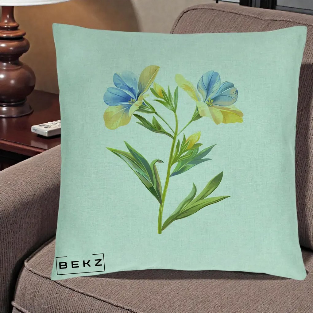Perna Decorativa Botanica Frezie Galbena si Albastra, 40x40 cm, Verde Menta, Husa Detasabila, Perna Inclusa, BEKZ®