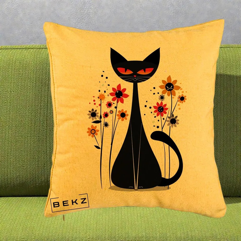 Perna Decorativa Pisica Neagra Ochi Rosii Flori, 40x40 cm, Galben, Husa Detasabila, Perna Inclusa, BEKZ®