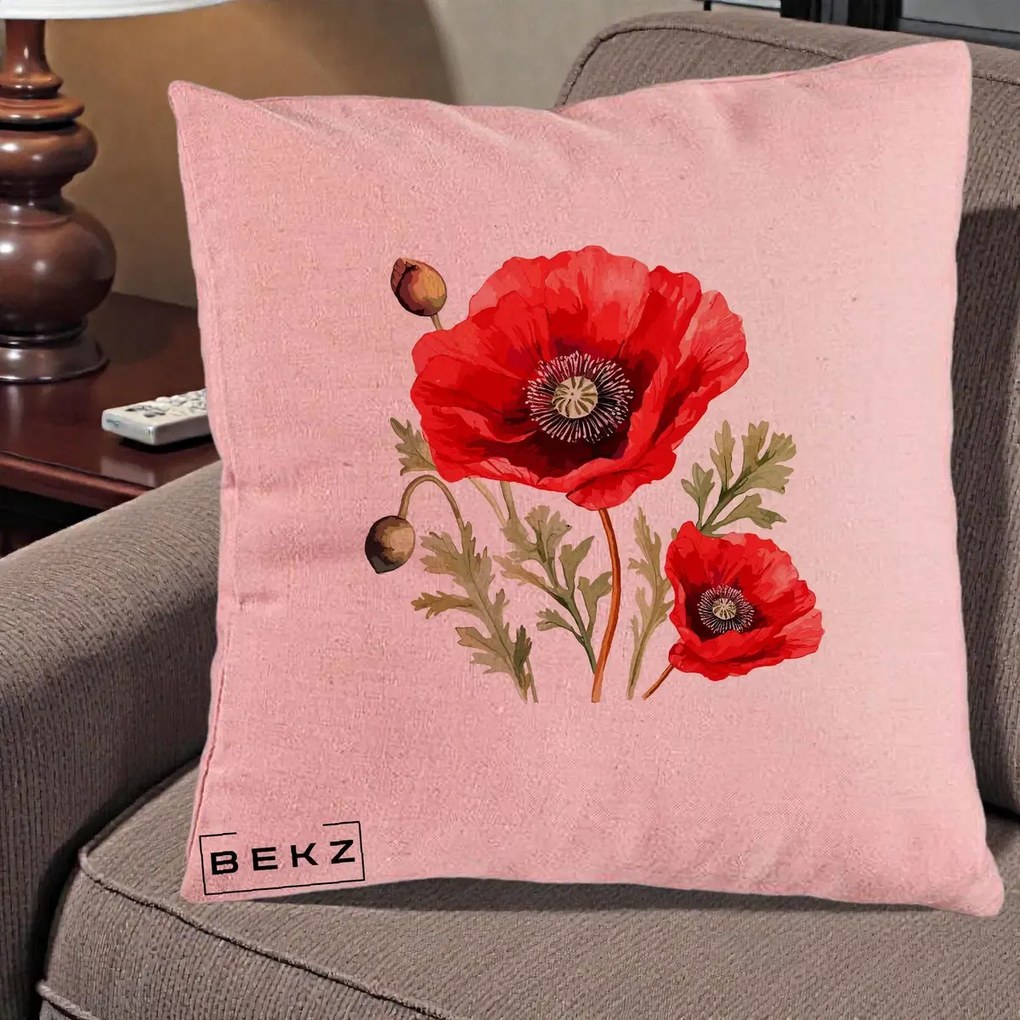Perna Decorativa Maci Rosii Acuarela, 40x40 cm, Roz, Husa Detasabila, Perna Inclusa, BEKZ®
