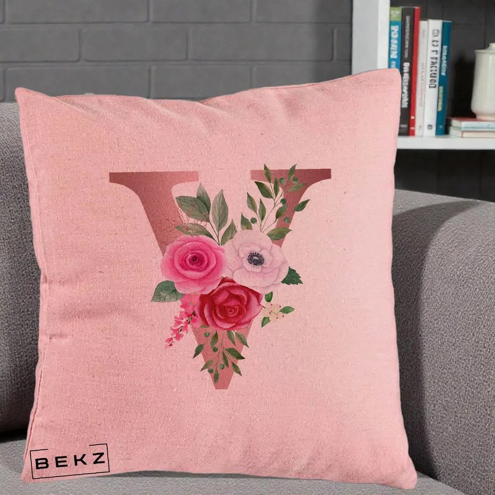Cadou Personalizat - Perna Personalizata Monograma Rose Gold Litera V, 40x40 cm, Roz, Husa Detasabila, Perna Inclusa, BEKZ®