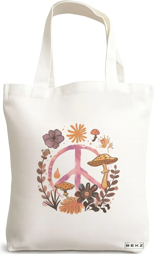 Sacosa de Panza pentru Cumparaturi, Geanta Tote Colorful Mushrooms 9, 38x34.5 cm, Alba, BEKZ®