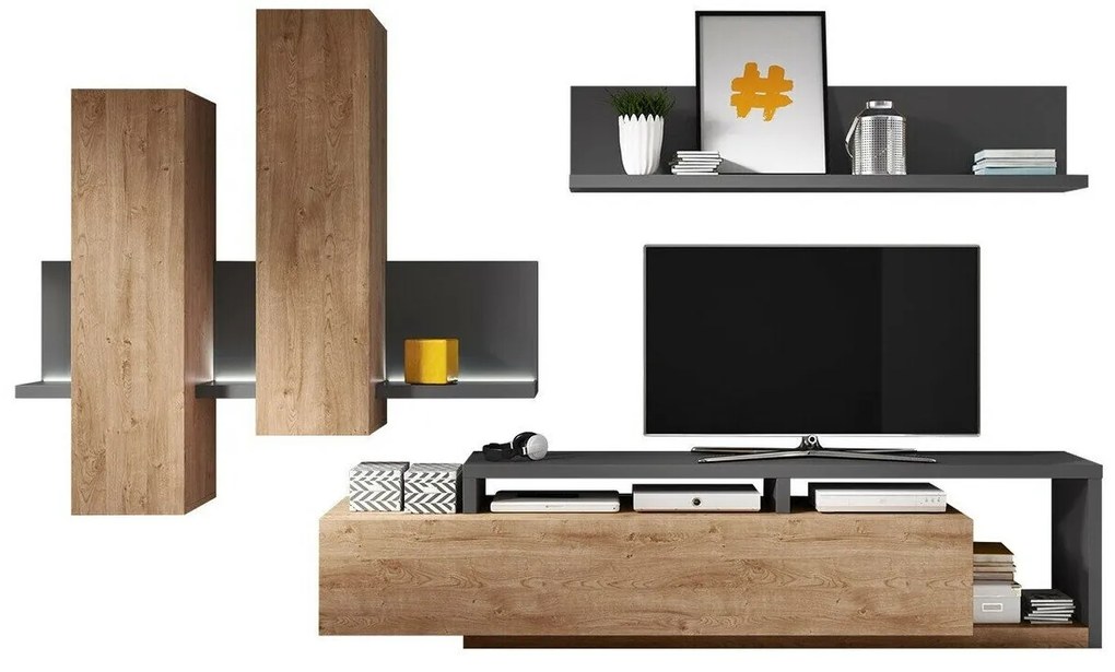 Mobilă pentru sufragerie Austin G100Ribbeck stejar, Antracit, Părți separate, Cu comodă tv, Cu componente suplimentare, PAL laminat, 219x45cm