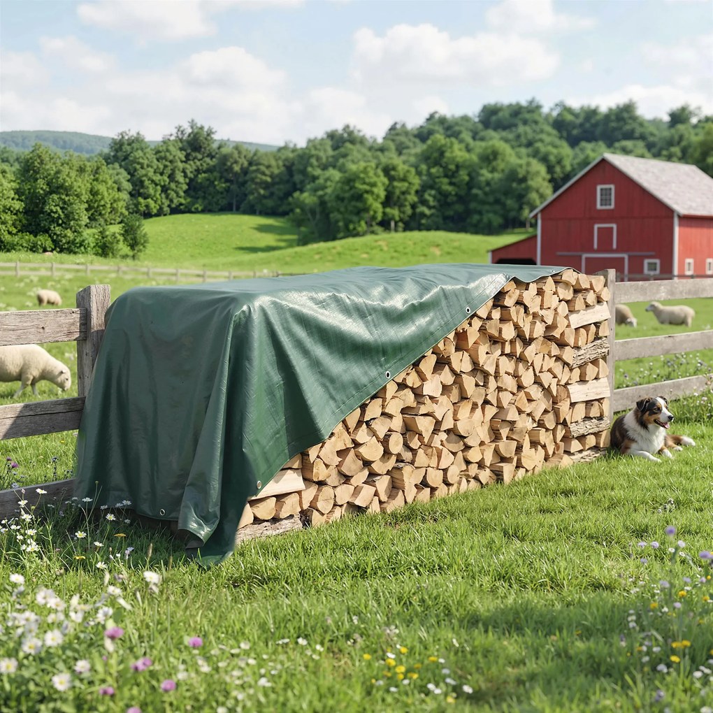 Outsunny Prelată Impermeabilă pentru Exterior 6x8 m Prelată PE 90 g/m² Protecție UV cu inele întărite pentru lemne Mobilier de grădină Verde | Aosom Romania