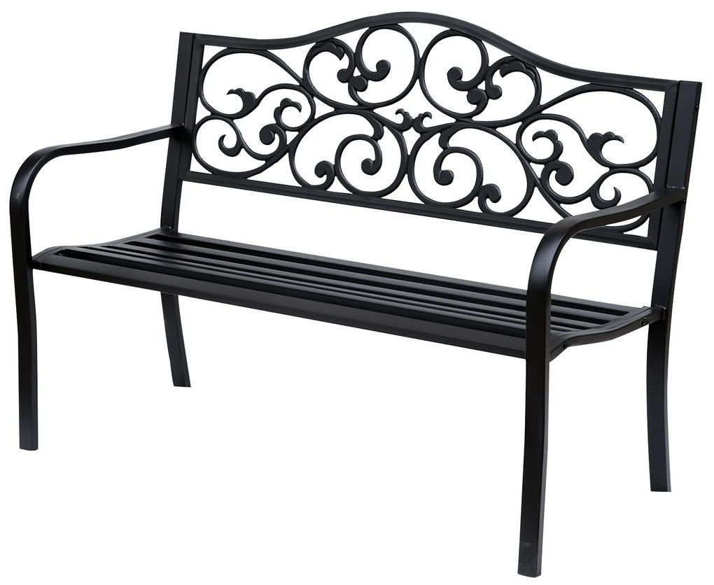 Outsunny Banca pentru exterior din fonta si metal, banca pentru gradina 2 locuri cu spatar inalt decorat, 127x60x89cm, negru