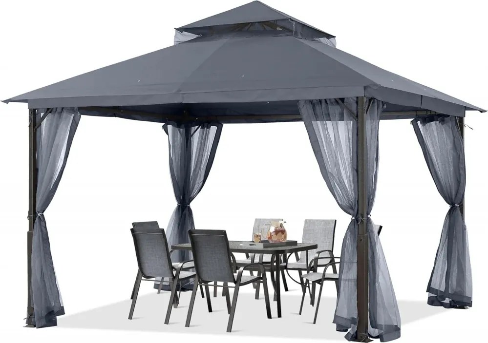 ABCCANOPY Foișor de gradina 3.3x3.9 m - Foișor exterior cu cadru din oțel și plasă de țânțari pentru gazon, curte, grădină, terasă, Gri