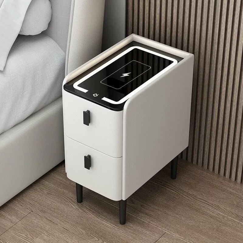 Noptieră inteligentă slim cu &icirc;ncărcare wireless, iluminare LED și 2 sertare &ndash; culoare alb, design modern din sticlă și lemn
