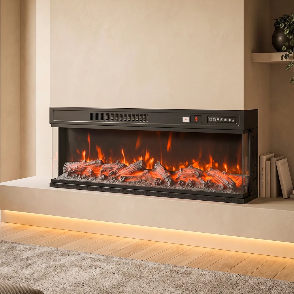 HOMCOM Șemineu Electric de Podea/Încastrabil, 3 Laturi, cu Telecomandă, 750/1500W, Efect Flacără 3D 12 Culori, 5 Niveluri de Luminozitate | Aosom Romania