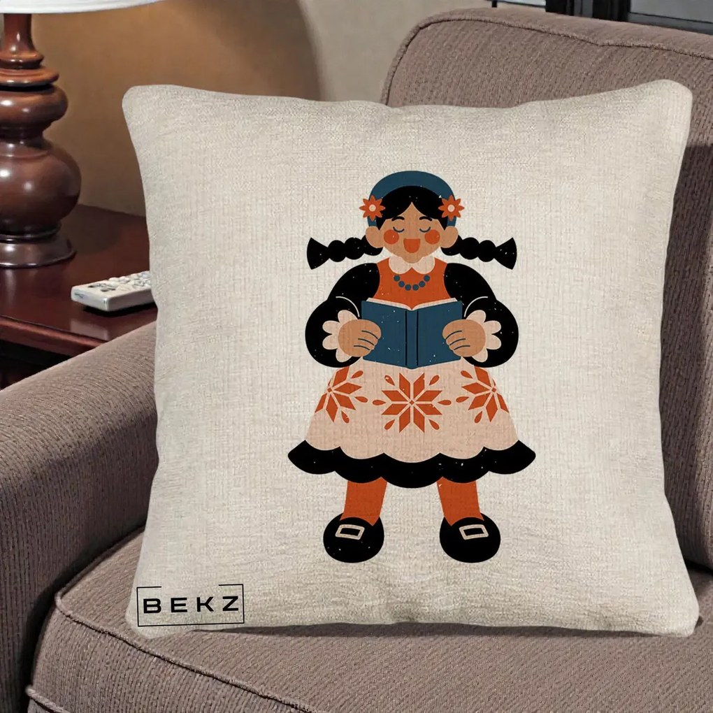 Perna Personalizata Fetita cu Carte Ilustratie Folk, 40x40 cm, Bej Canapea, Husa Detasabila, Perna Inclusa, BEKZ®