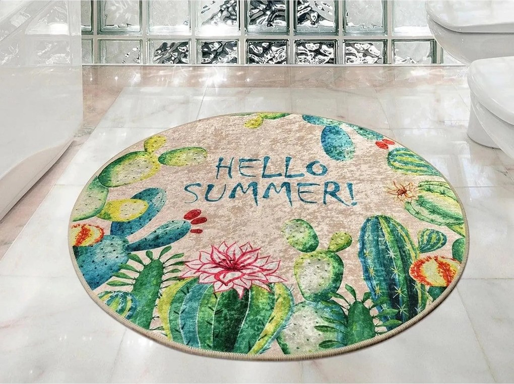 Covoras baie HELLO SUMMER, 100x100 cm, forma rotunda, poliester, multi