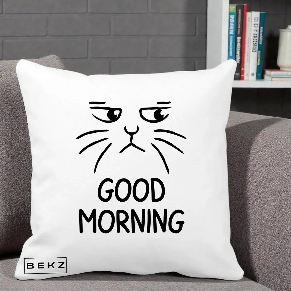 Perna Decorativa Pisica Morocanoasa Good Morning, 40x40 cm, Alba Mata, Husa Detasabila, Perna Inclusa, BEKZ®