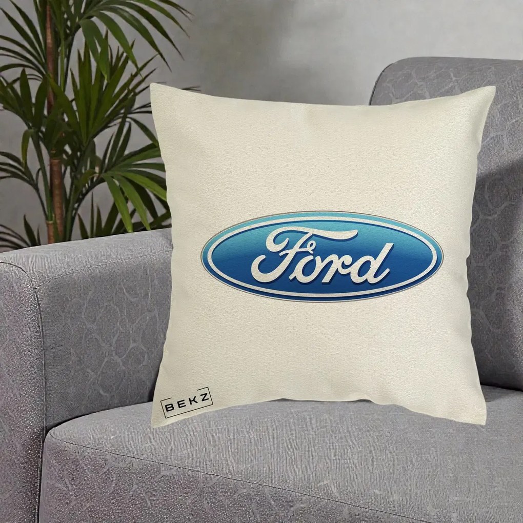 Perna Personalizata cu emblema Ford, 40x40 cm, Ecru, Husa Detasabila, Perna Inclusa, BEKZ®