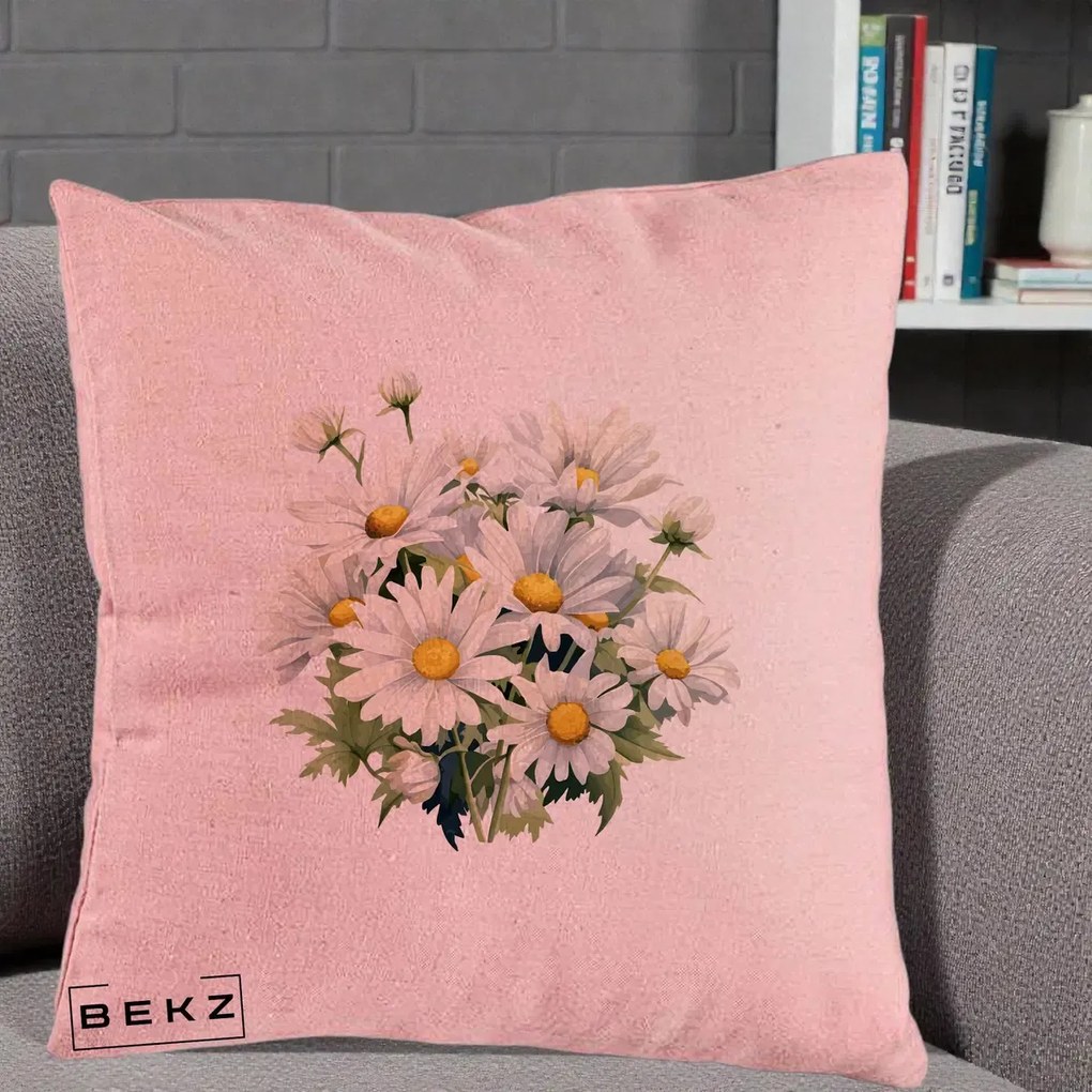 Perna Decorativa Buchet Margarete Albe Acuarela, 40x40 cm, Roz, Husa Detasabila, Perna Inclusa, BEKZ®