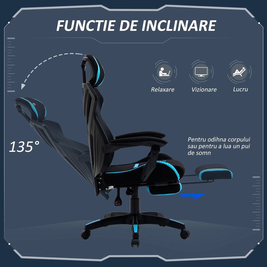 Vinsetto Scaun Gaming cu Suport Lombar, Scaun Birou Ergonomic cu Inălțime Reglabilă din Țesătură, 65x65x119-129 cm, Negru și Albastru | Aosom Romania