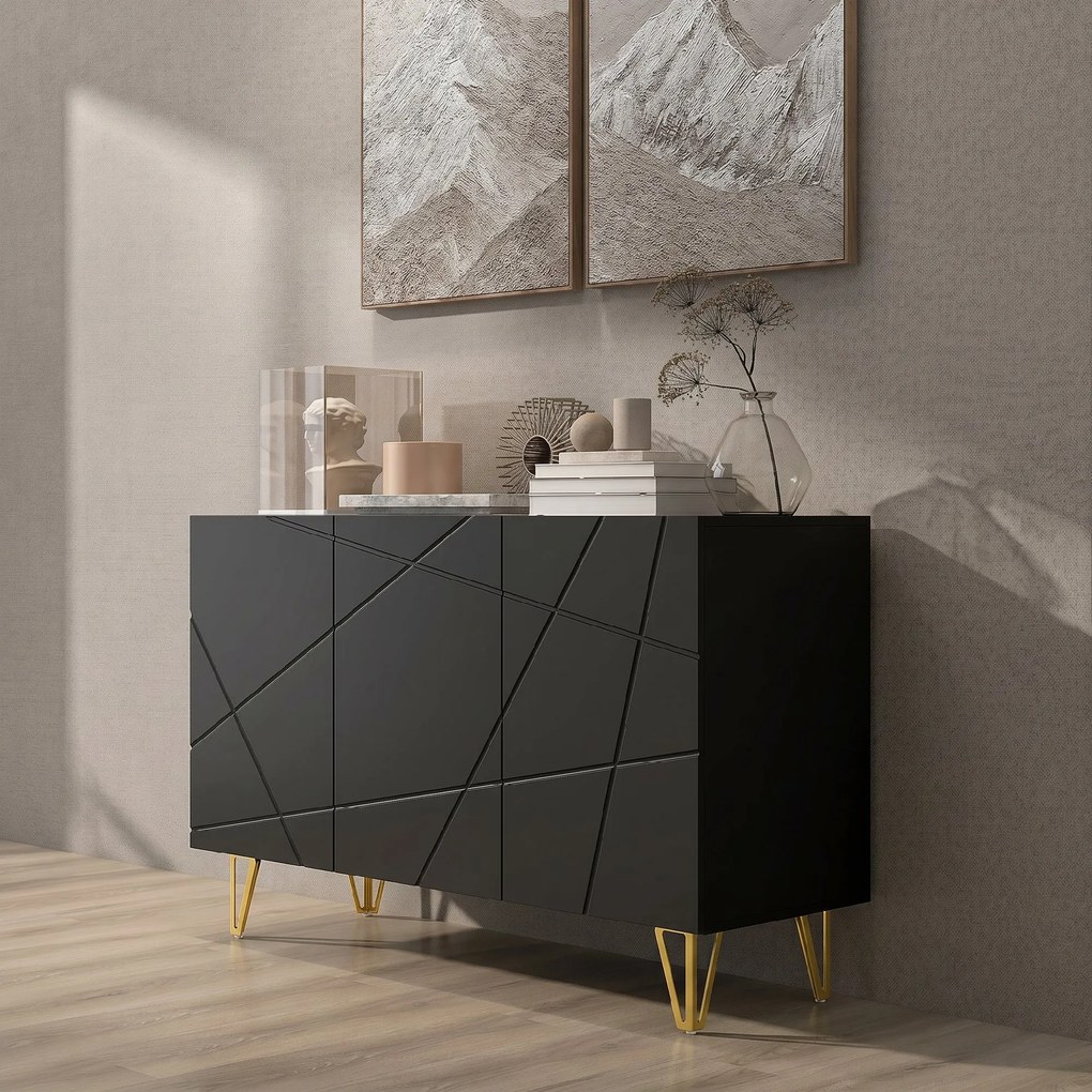 HOMCOM Dulap de Depozitare cu 2 Dulapuri și Raft Reglabil pe 3 Niveluri, Bufet Modern din PAL și Metal, 120x40x75 cm, Negru și Auriu | Aosom Romania