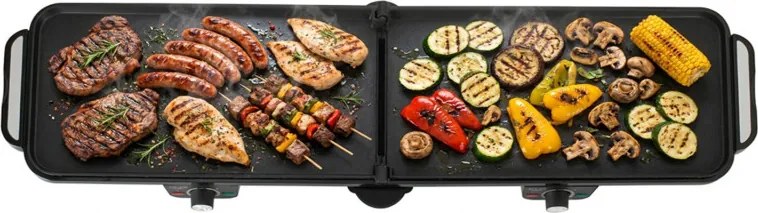 Grătar electric dublu pliabil Adler AD 6617, 3000 W, deschidere la 180°, 96 x 26 cm, plăci antiaderente, 2 termostate, tavă pentru grăsime, negru